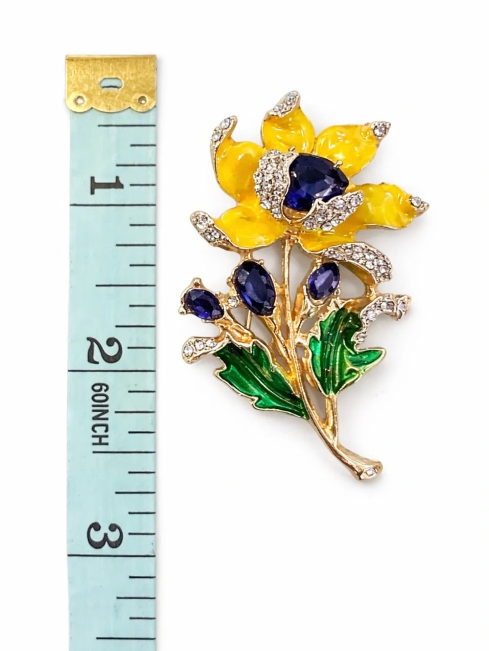 Vintage Style Yellow Enamel Flower Brooch Pin Blue Glass Rhinestone Gold Tone
